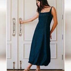 Zara Denim Dress Medium Blue Indigo Bubble Balloon Cottage Boho Minimalist Quiet